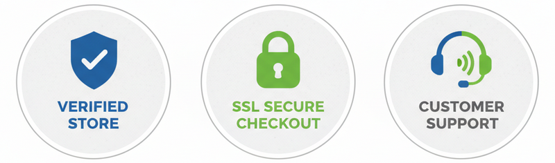 Trust badges : verified store and ssl secure checkout and custumer support
